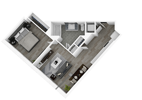 A top down view of a house layout with a kitchen, living room, dining room, and bedrooms.
